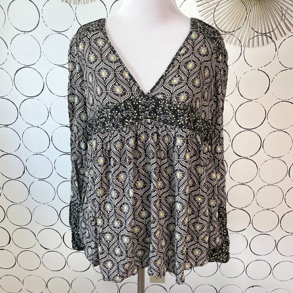 Free People Womens Bell Sleeve Babydoll Top S Black Boho Hippie Cottage Peasant